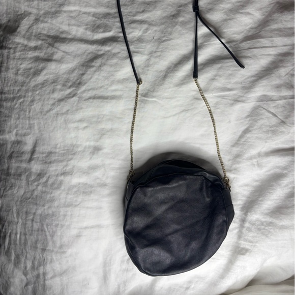 Black Upcycled Leather Circle Crossbody Bag with Chain Strap - Picture 2 of 5